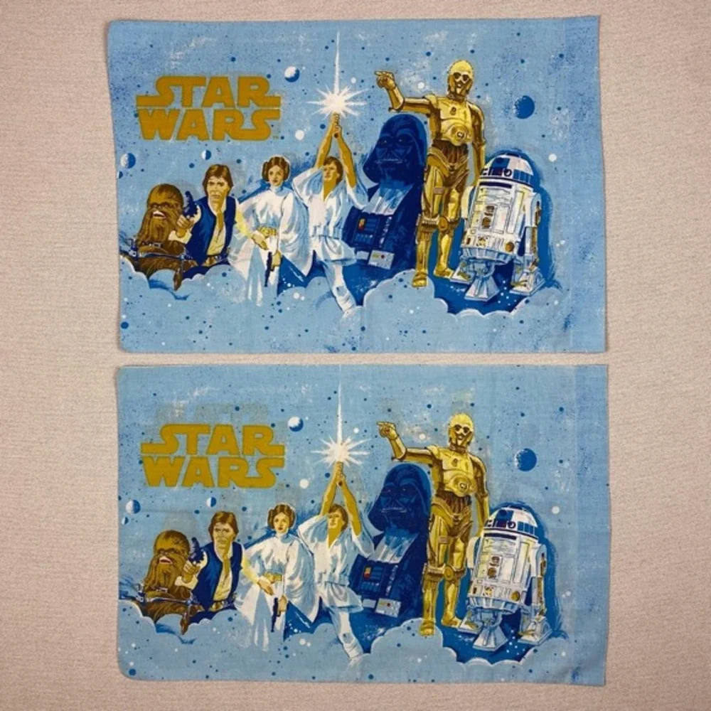 Vtg 70s BIBB Star Wars Pillowcases SET of‎ 2 Double Sided Made in USA 20x29
